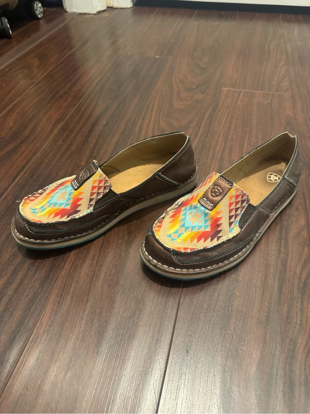 Ariat Moccasins in Turquoise, Red, Yellow & Brown Aztec Pattern - Picture 2 of 5